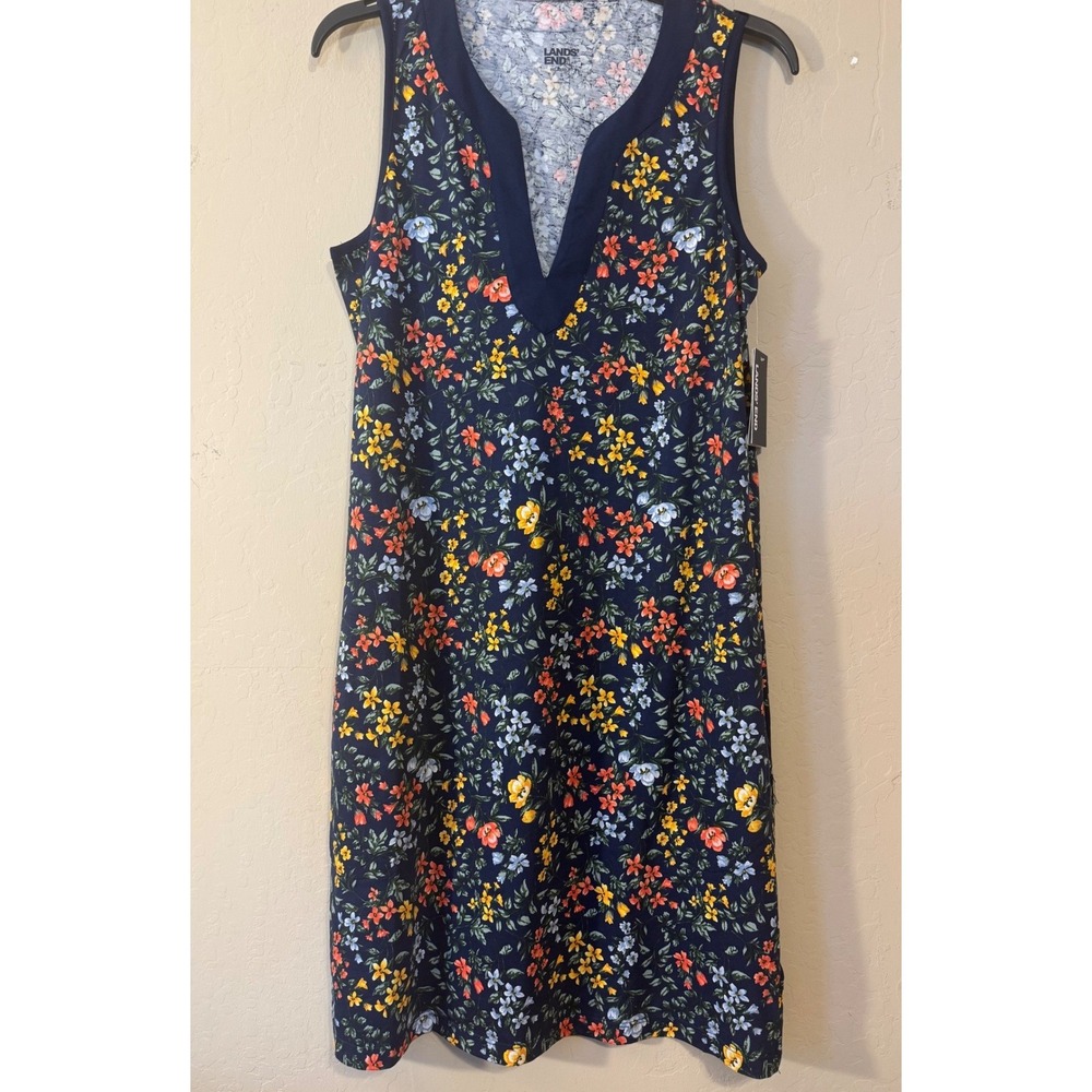 Lands' End Shift Dress Women S Navy Blue Floral Swim Cover Up Cotton NEW